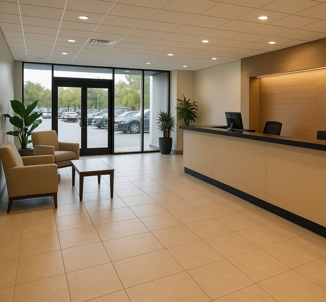 Barry Vehicle Rentals modern reception lobby with comfortable seating and professional service desk